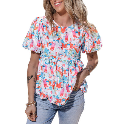 Women's Cute Anti-aging Fashion Contrast Color Stitching Round Neck Short-sleeved Shirt