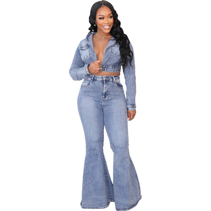 Women's Clothing Cardigan Hooded Non-elastic Bell-bottom Pants Denim Suit