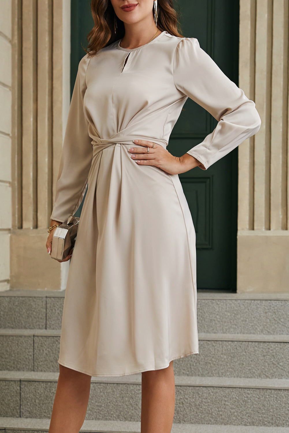 Apricot Twist Front Tie Back Long Sleeve Satin Dress