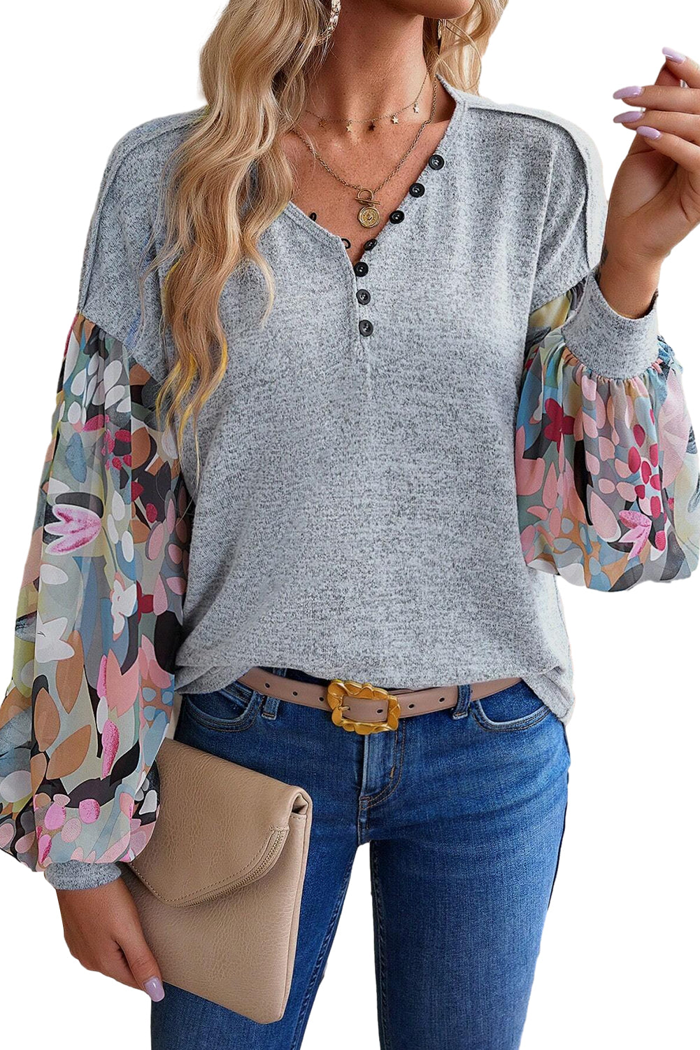 Gray Floral Splicing Lantern Sleeve Buttoned V Neck Top