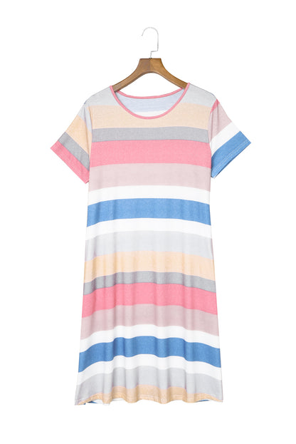 Robe t-shirt décontractée à rayures multicolores et blocs de couleurs avec poche