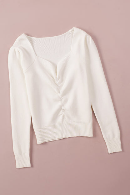 Beige Ruched Sweetheart Neckline Rib Knit Sweater