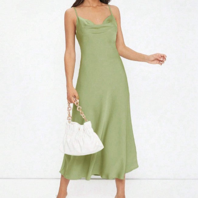 Satin Sling Deep V-neck Slim Fit Fashion Solid Color Dress