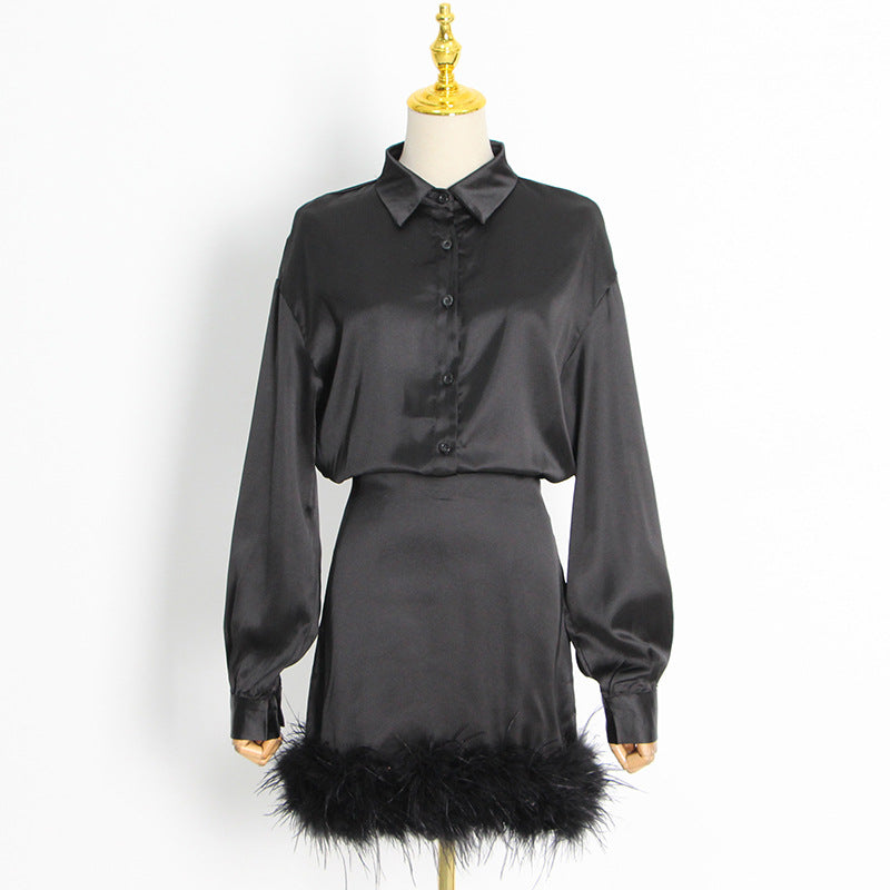 Autumn New Fashion Long Sleeve Solid Color Satin Feather Decorative Shirt Dress