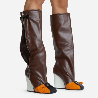 Super haut talon tête carrée une étape mode piste grande taille bottes hautes pour les femmes