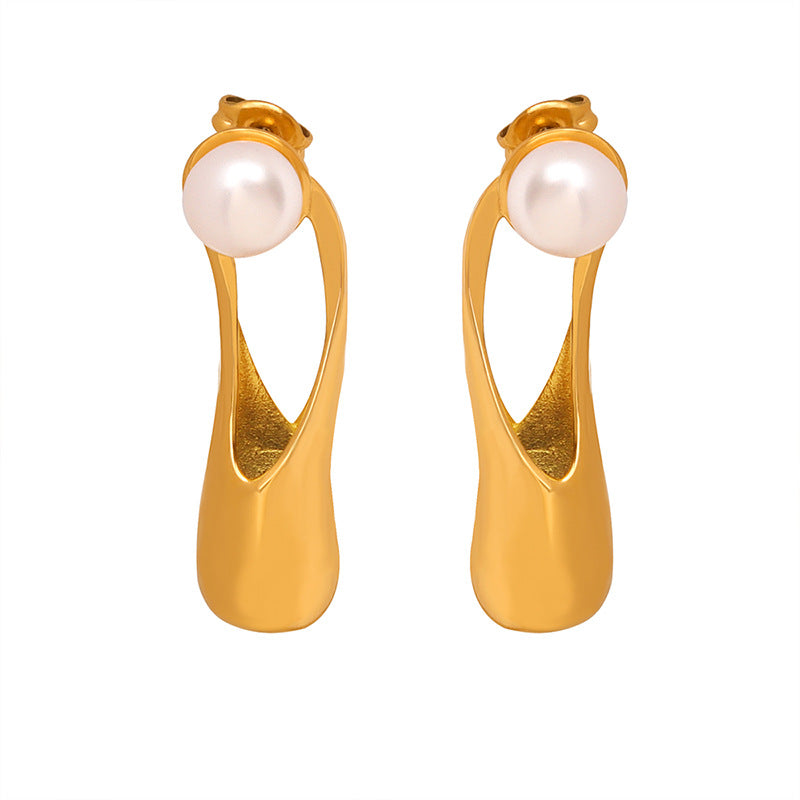 18K gold fashion trend irregular shape with pearl design light luxury style earrings