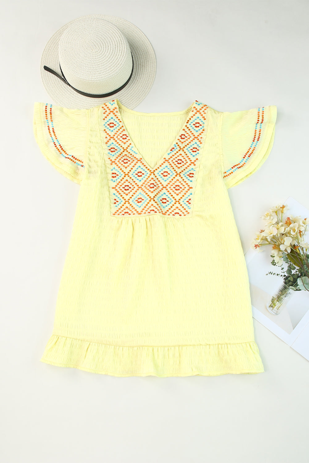 Yellow Geometric Embroidery Ruffles V Neck Textured Top