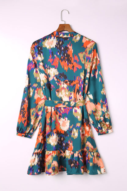 Abstract Print Waist Belted Flounce Hem Split V Neck Long Sleeve Dress