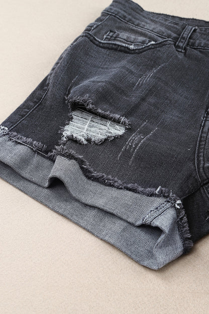 Jeansshorts in Distressed-Optik mit gerolltem Saum in Himmelblau