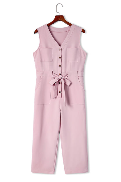 Pink Buttoned Sleeveless Cropped Jumpsuit with Sash