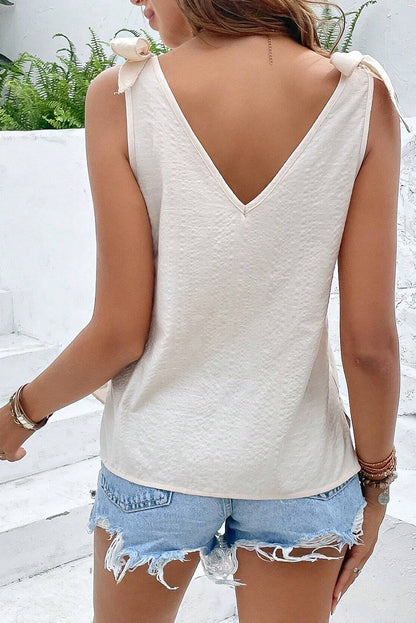 White Floral Embroidered V-Neck Knot Sleeveless Top