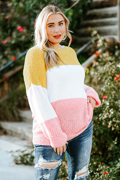 Gelber Colorblock-Pullover mit Blasenärmeln in Übergröße