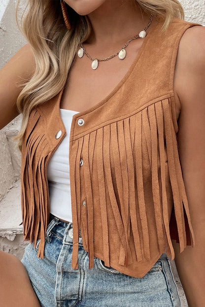 Camel Fringed Snap Button Front Cropped Suedette Vest