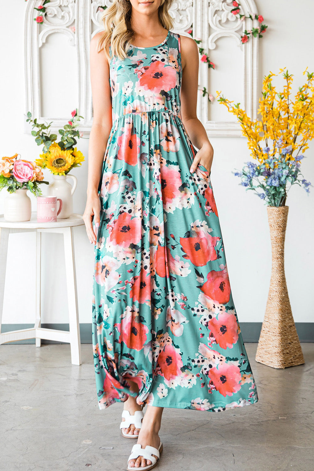 Robe débardeur d'été longue sans manches à imprimé floral vert