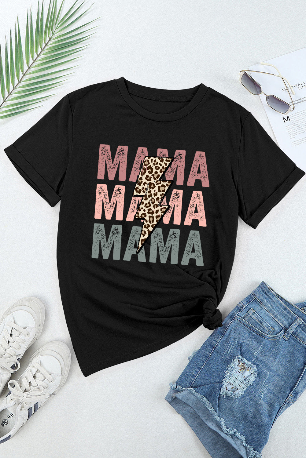 T-shirt graphique noir à imprimé léopard Lightning MAMA avec lettres imprimées