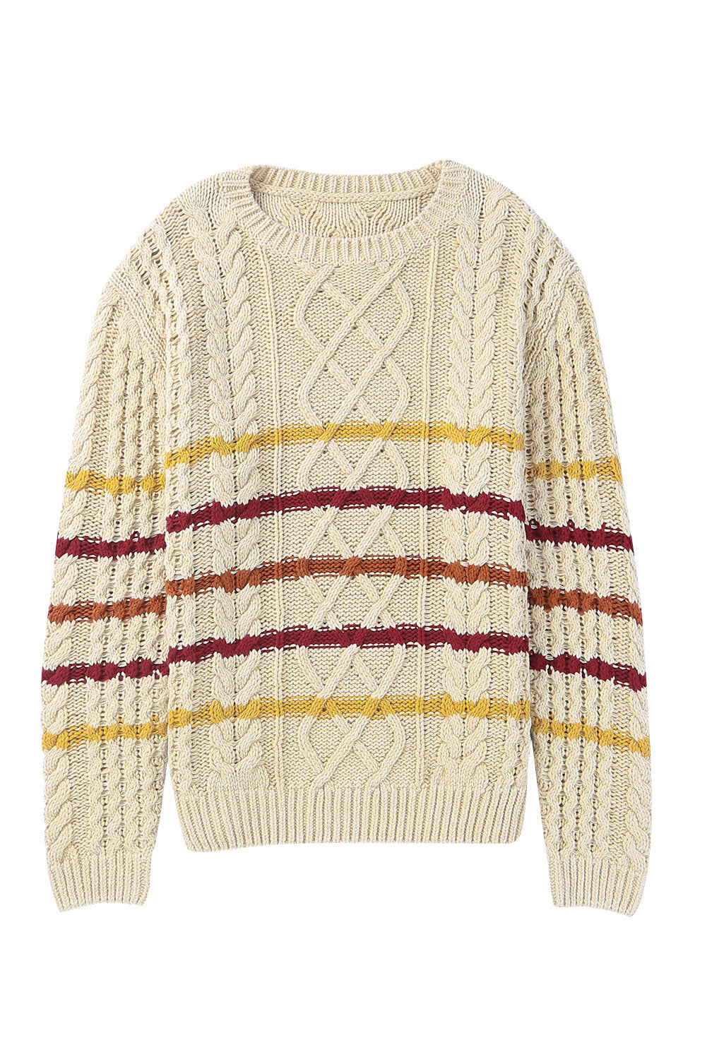 Khaki Striped Color Block Textured Knit Pullover Sweater