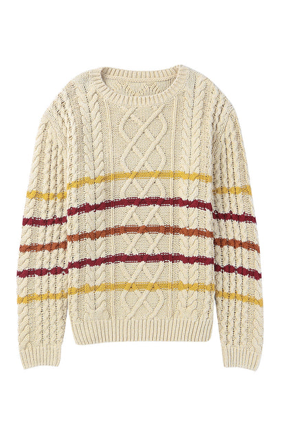 Khaki Striped Color Block Textured Knit Pullover Sweater