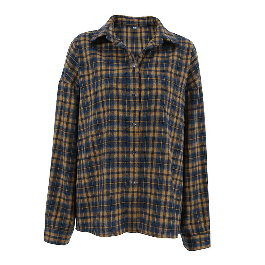 Autumn American Brown Plaid Shirt Women's Design Sense