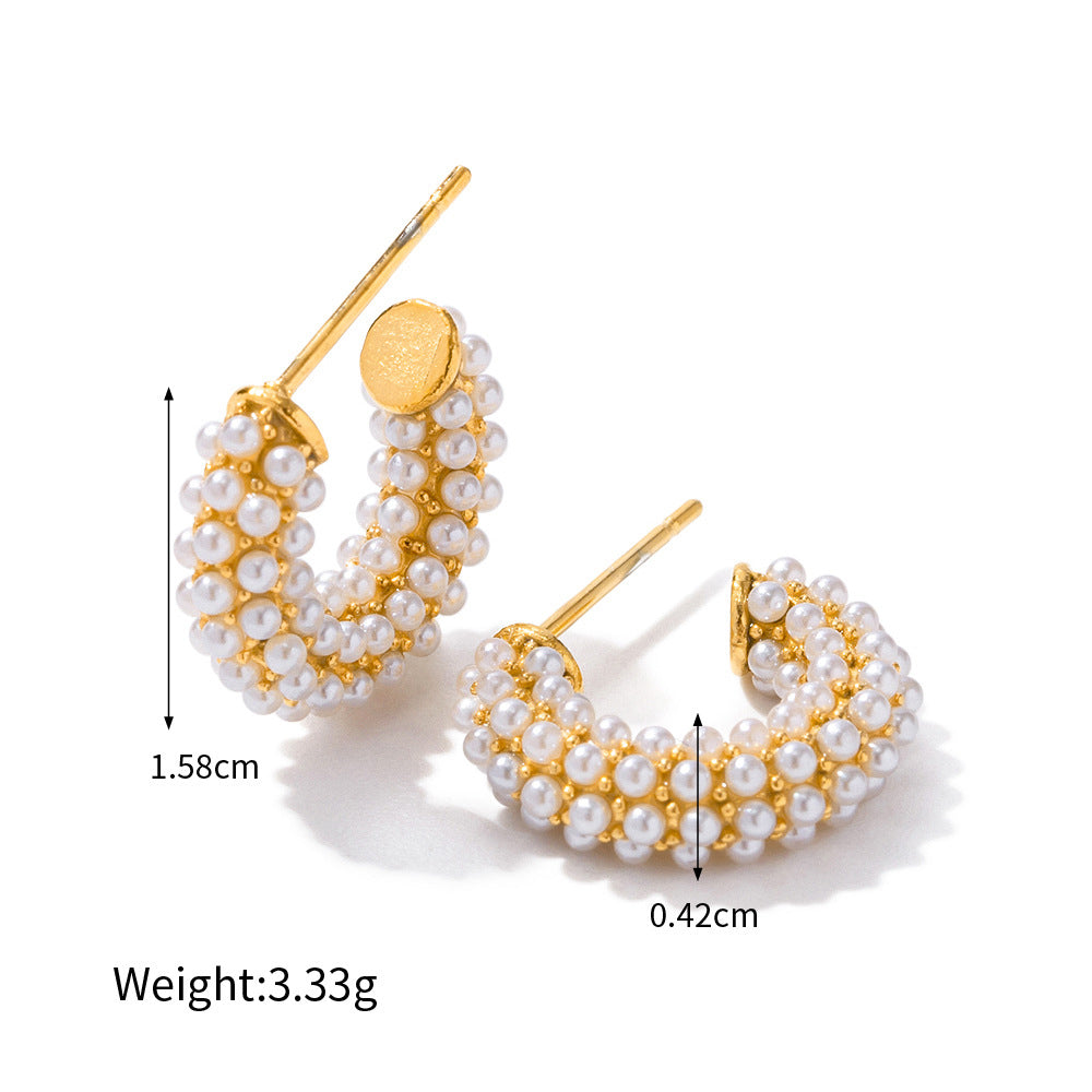 18k Gold Noble and Novelty C-Shaped Earrings Encrusted with Pearls