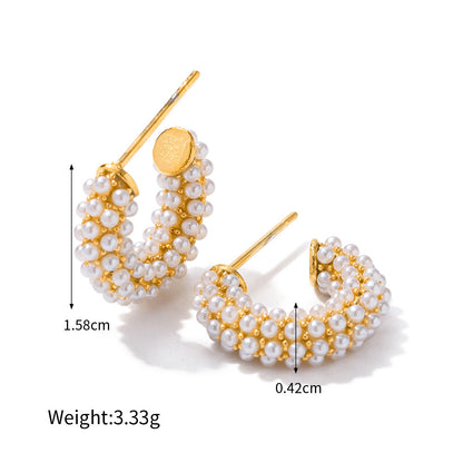 18k Gold Noble and Novelty C-Shaped Earrings Encrusted with Pearls