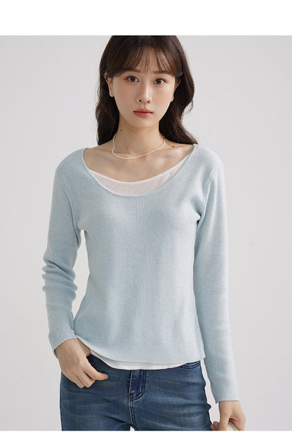 Women's Fake Two-piece Wool Sweater Top Slim Fit