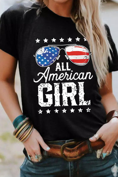 Schwarzes T-Shirt mit „Stars and Stripes Glasses“-Slogan-Grafik