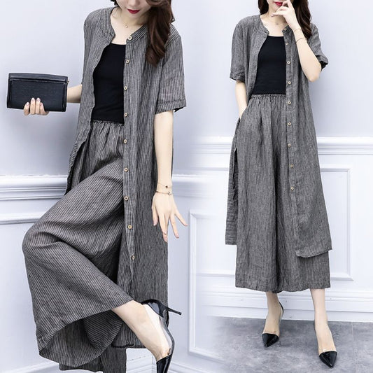 Women's Summer Striped Cardigan Top Wide Leg Pants Casual Fashion Set