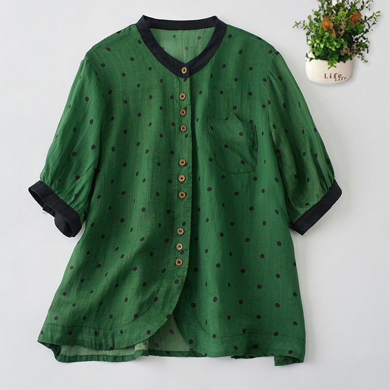 Women's Ramie Round Neck Printed Sugar Coat Temperament Polka Dot Short Sleeve