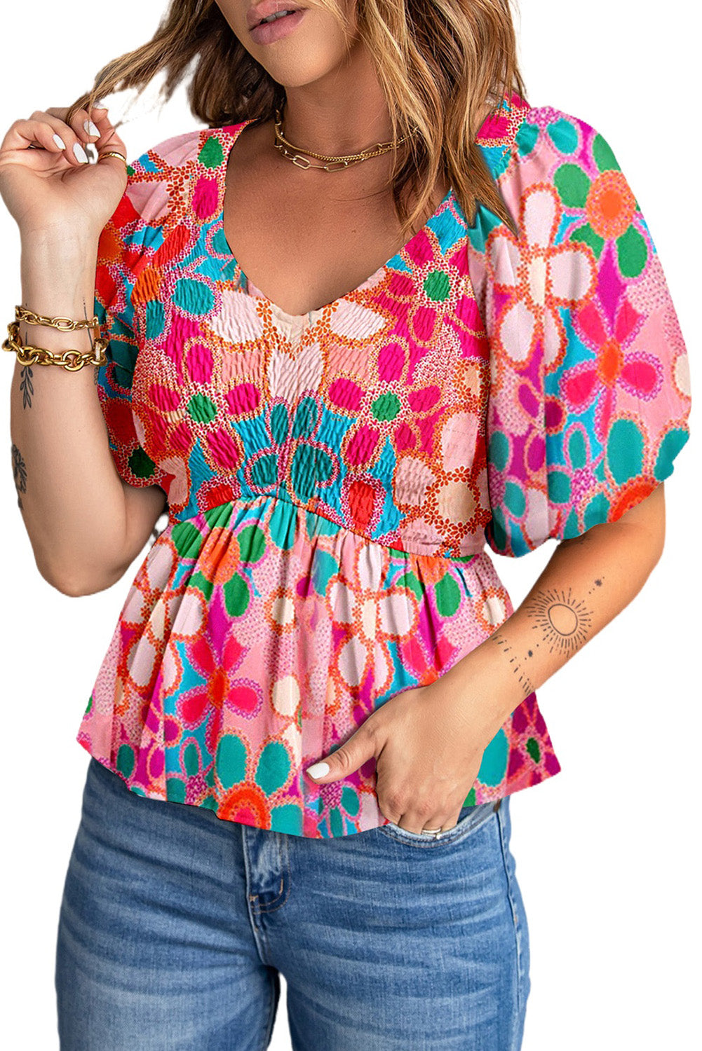 Pink Floral Print Puff Sleeve Blouse V Neck Smocked Peplum Top