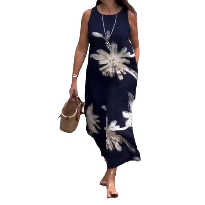 Women's Summer Printed Round Neck Pocket Sleeveless Dress