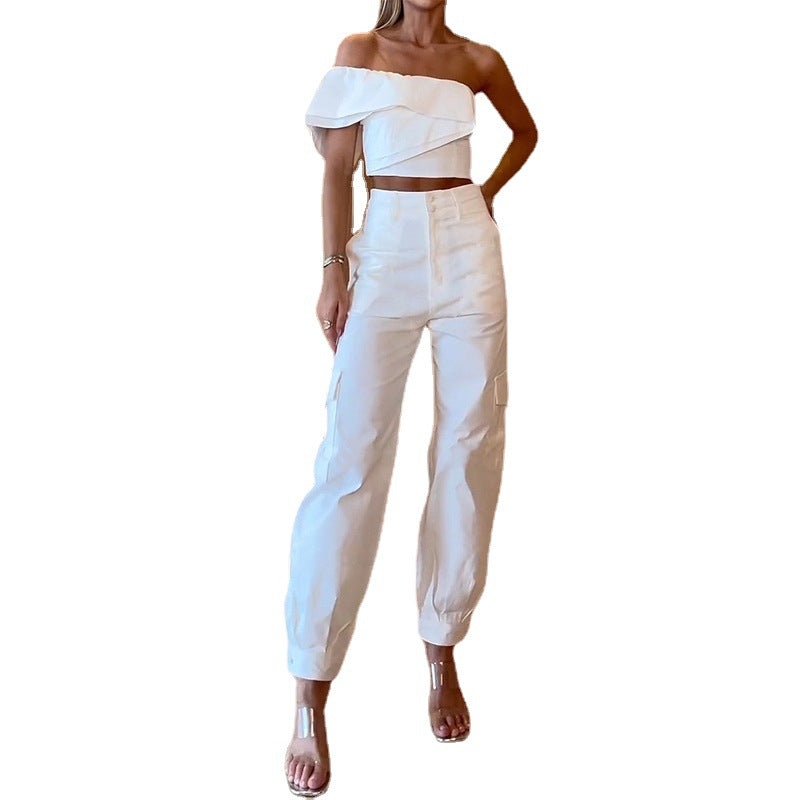 Summer Women's New Off-shoulder Short Top Pocket Skinny Pants