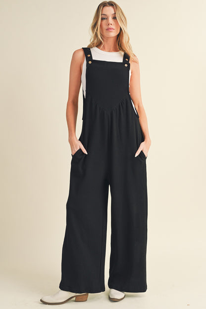 Black Textured Adjustable Straps Ruched Wide Leg Jumpsuit