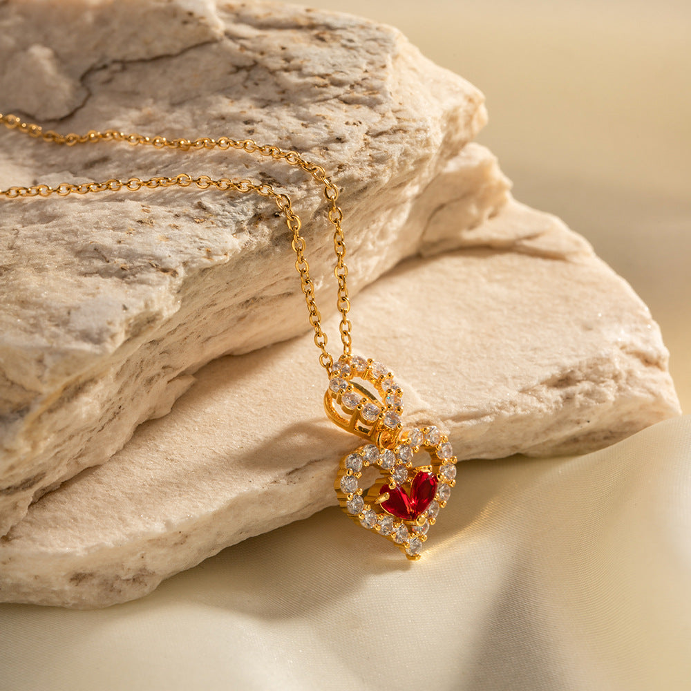 18K Gold Exquisite and Noble Inlaid Red and White Zircon Water Drop Love Design Pendant Necklace