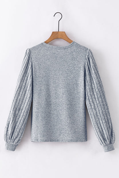 Gray Solid Color Contrast Ribbed Bishop Sleeve Top