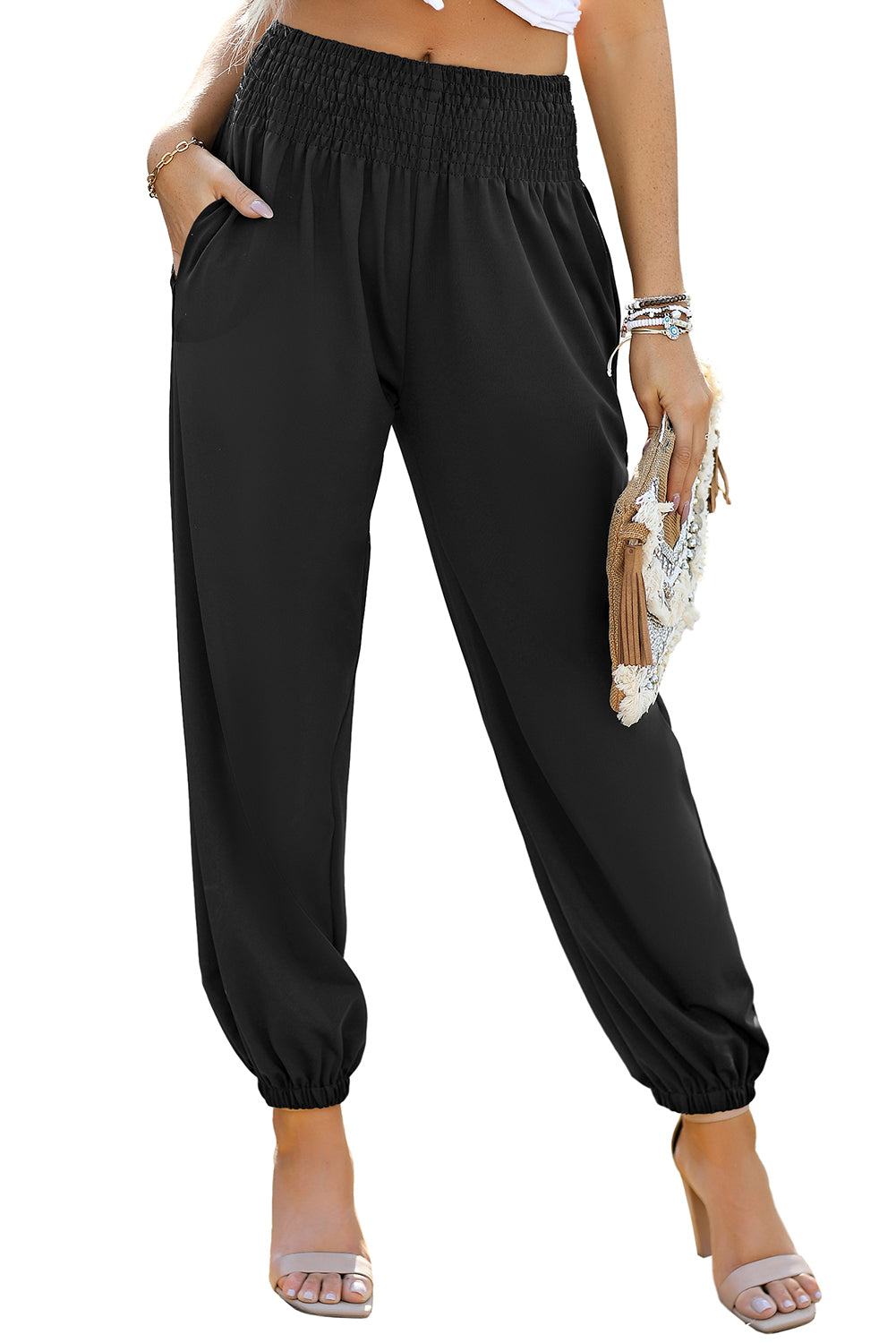 Pantalon de jogging taille haute smocké noir avec poches