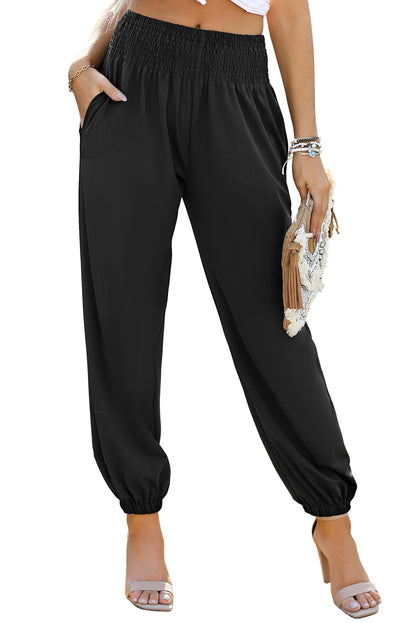 Pantalon de jogging taille haute smocké noir avec poches