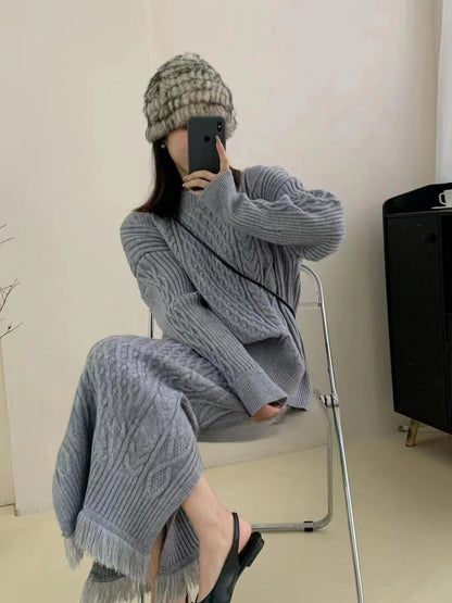 Women's Fashion Casual Retro Solid Color Round Neck Sweater Suit