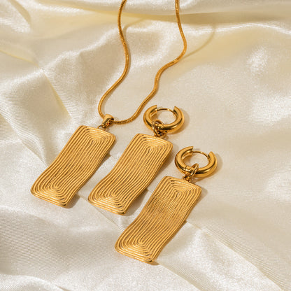 18K Gold Fashion Simple Thread Rectangular Design Pendant Necklace Earrings Set