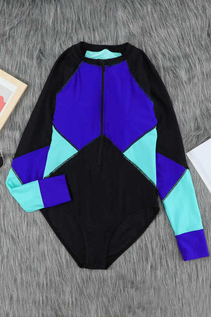 Blue Color Block Zipper Long Sleeve Rash Guard Swimwear