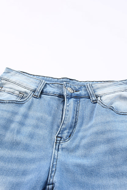 Himmelblaue, seitliche Schlitze, zerrissene Jeans mit geradem Bein und hoher Taille