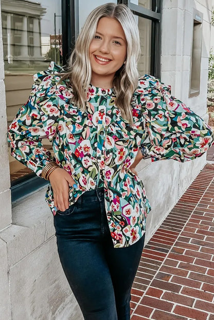 Abstract Print Boho Ruffle Button Up Blouse