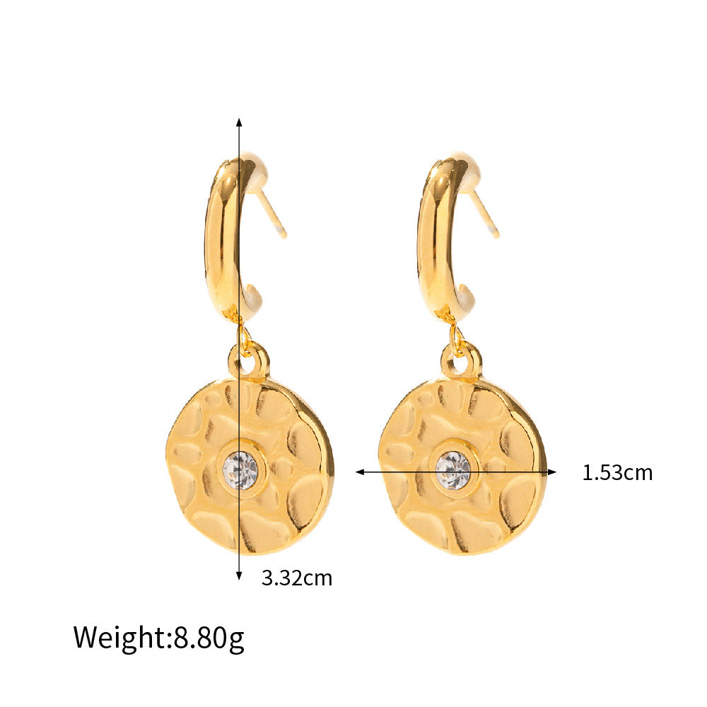 18K Gold Exquisite Noble Geometric Texture Inlaid Diamond Round Earrings