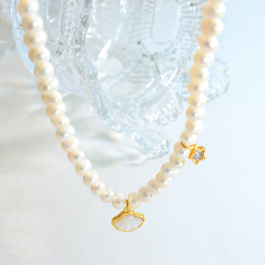 18K gold fashionable simple pearl with shell and star inlaid zircon design versatile necklace