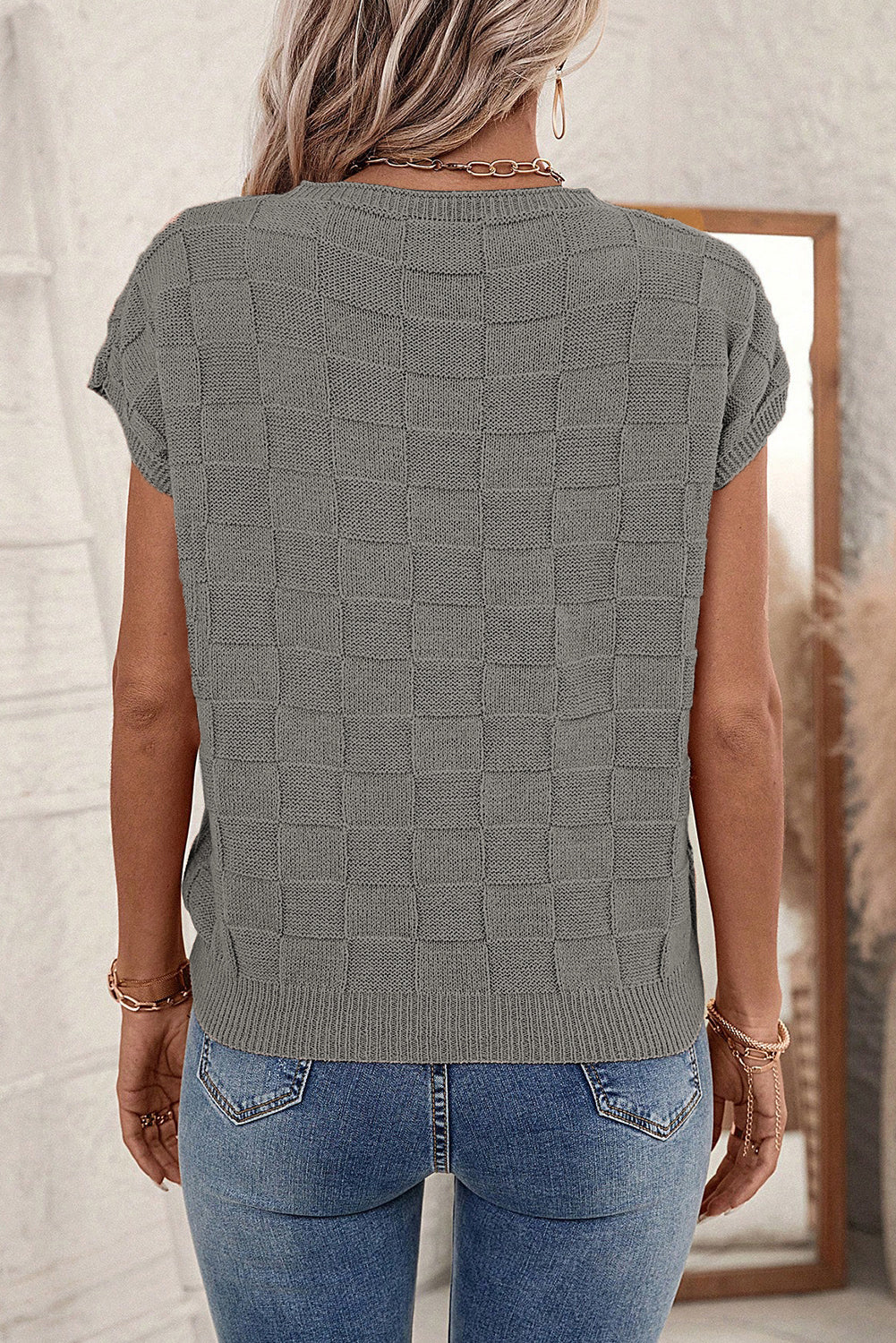 Pull ample à manches courtes en tricot texturé en treillis gris fumée