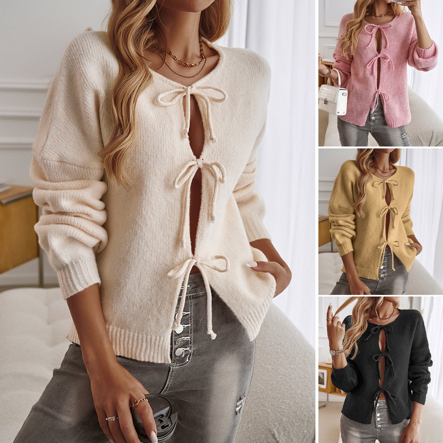 Women's Casual Loose Cardigan Lace-up Solid Color Sweater