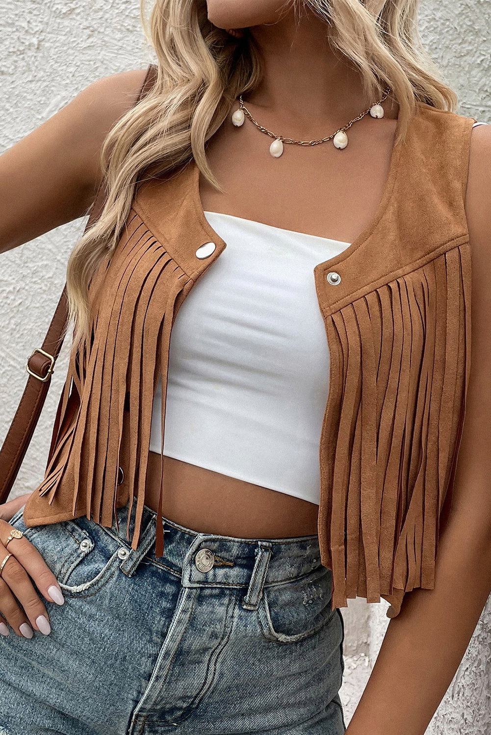 Camel Fringed Snap Button Front Cropped Suedette Vest