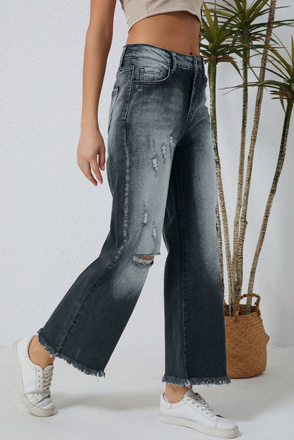 Graue Vintage-Jeans mit weitem Bein im Used-Look