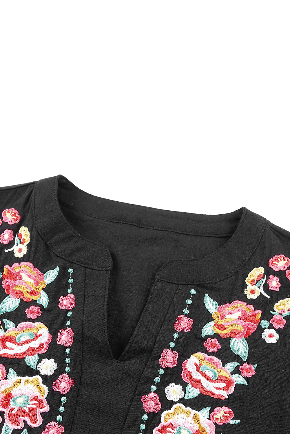 Blouse noire à manches bouffantes et à volants style Boho brodé de fleurs