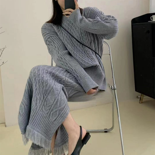 Women's Fashion Casual Retro Solid Color Round Neck Sweater Suit
