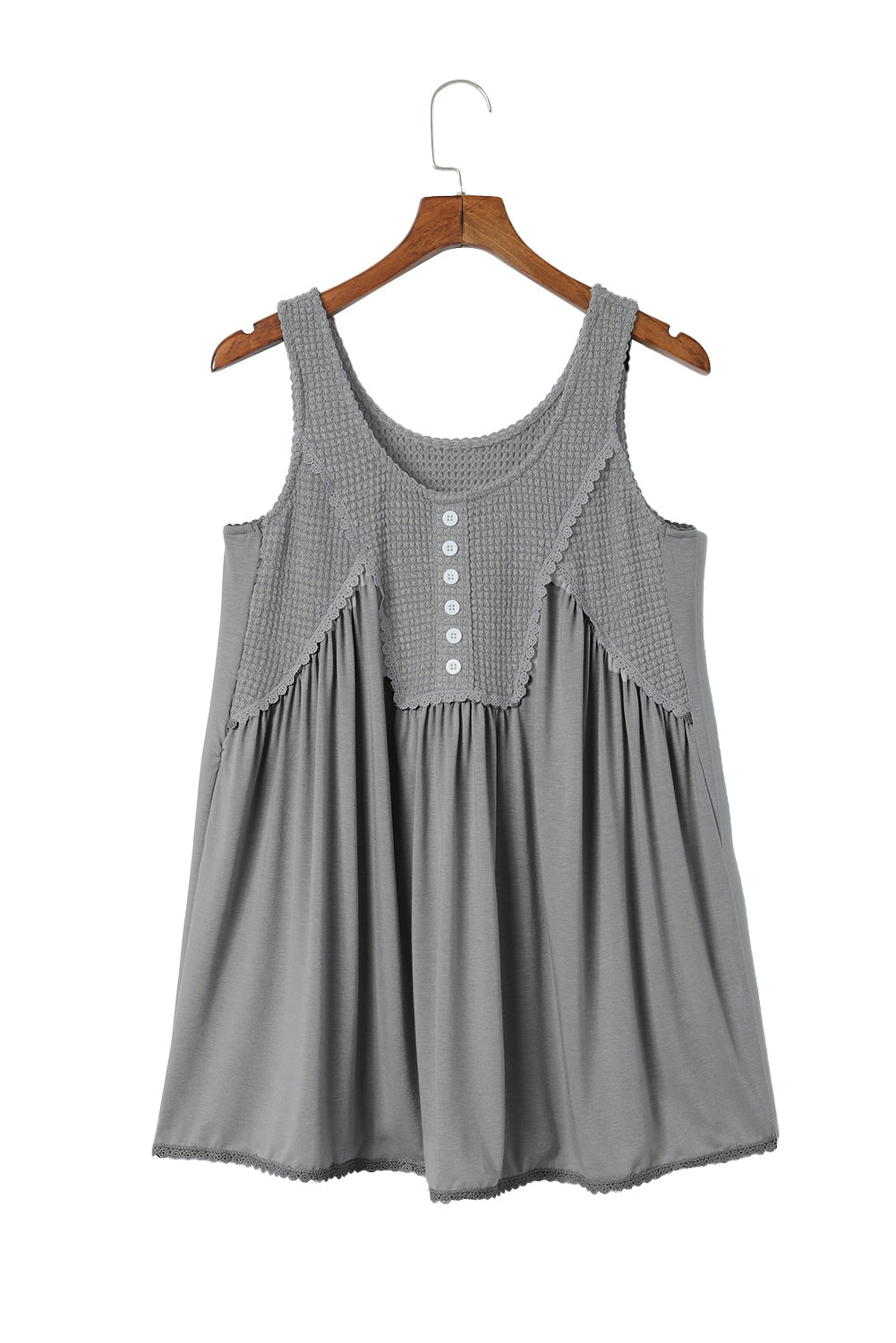 Gray Waffle Knit Panel Babydoll Sleeveless Top